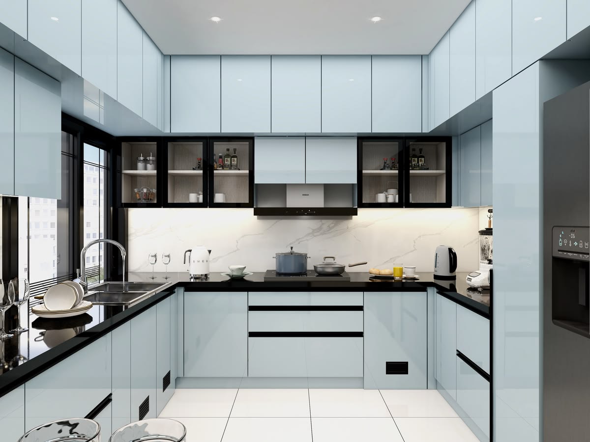 L-Shaped Compact Kitchen with Integrated Built-in Oven & Chimney Hub #43